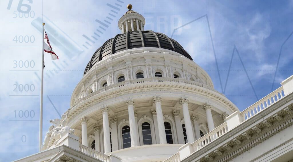 State capitol dome, overlaid with a rising data chart